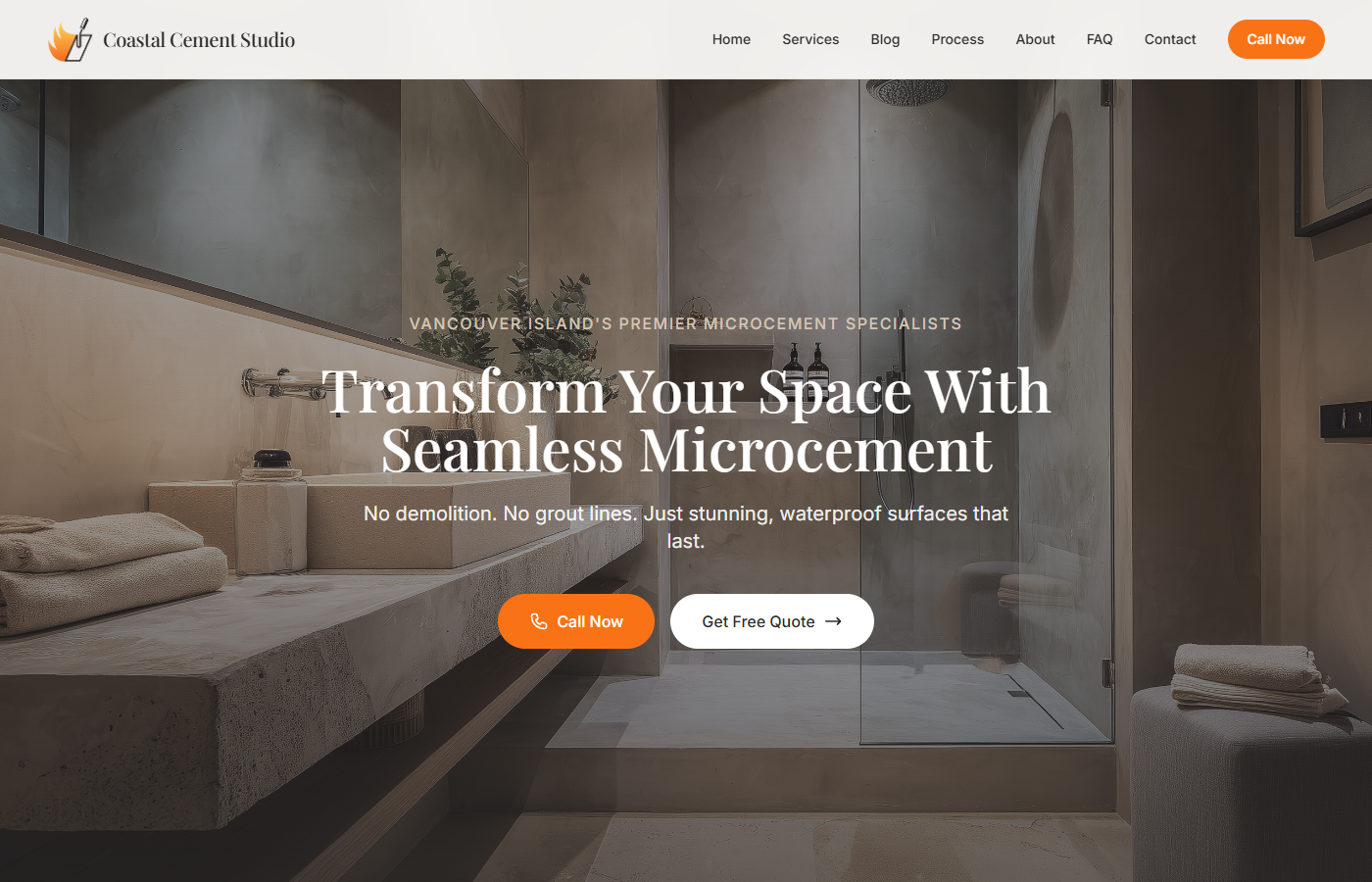 Coastal Cement Studio website screenshot — Vancouver Island's premier microcement specialists