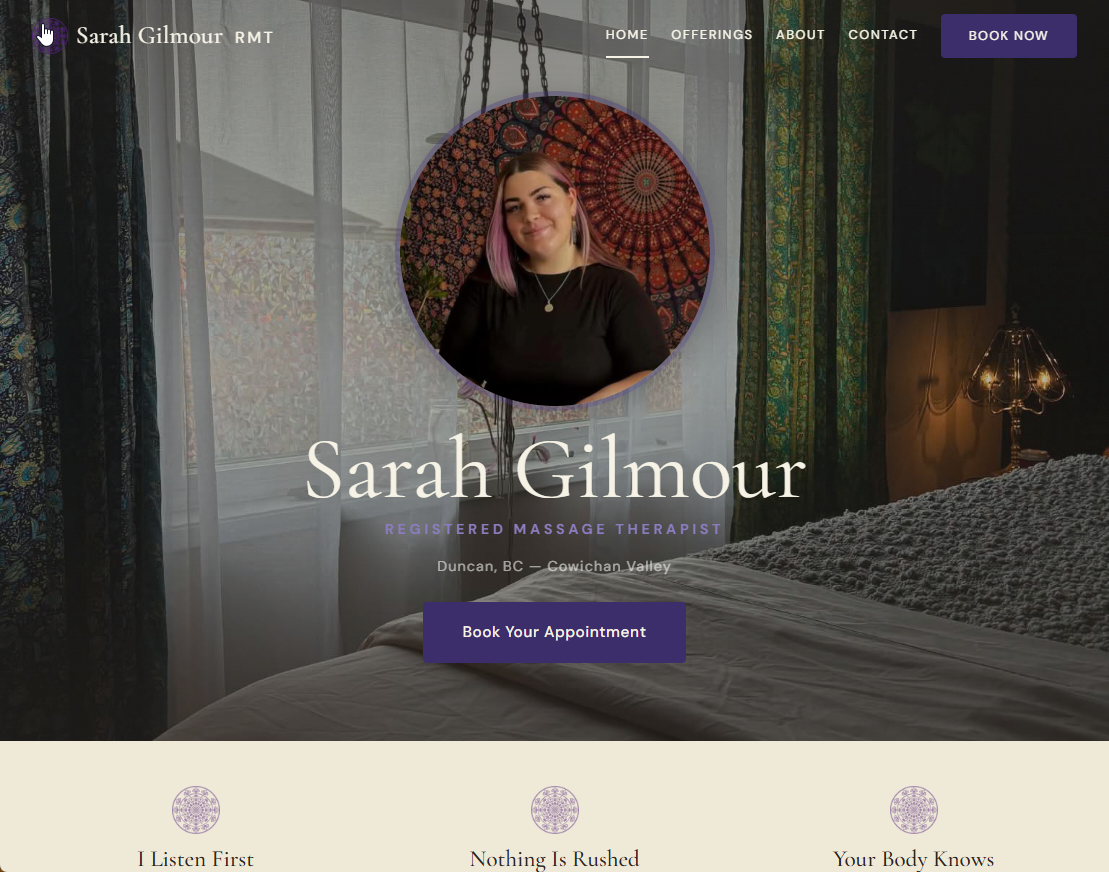 Sarah Gilmour RMT website screenshot — Registered Massage Therapist in Duncan, BC